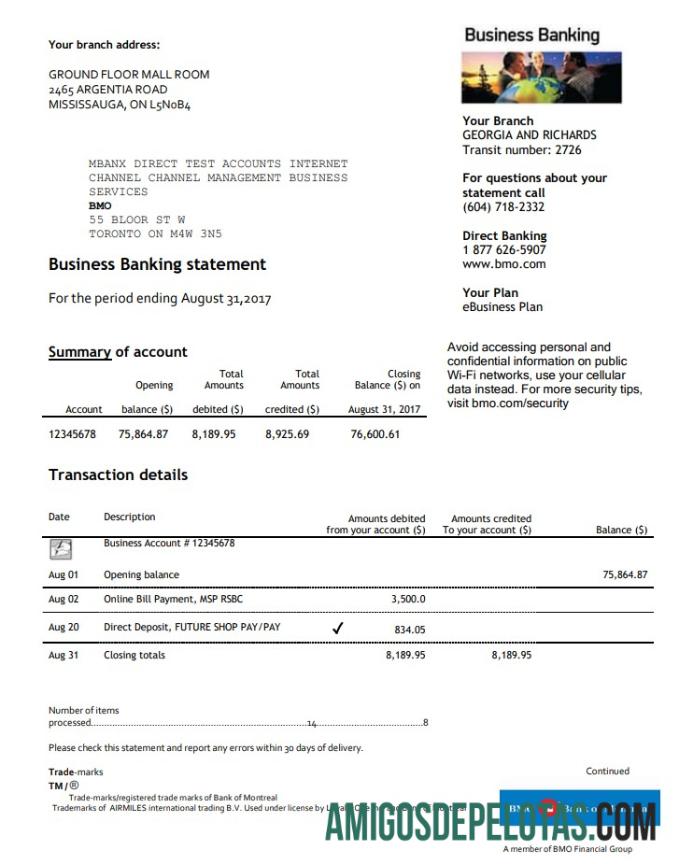 Modelo de comprovante de endereço do Banco BMO dos EUA para impressão em formato Word e PDF